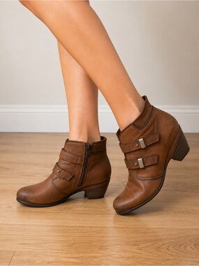 Taos Womens Brown Leather Ankle Boots With Straps chunky heels hook & loop 39